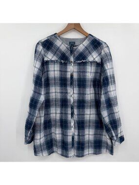 J.Jill Plaid Denim Gauze Fringed Tunic Shirt Woman’s Large Blue White Button Up